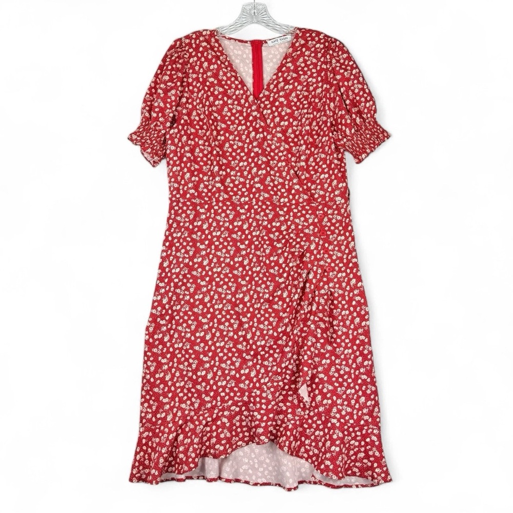 Kate Kasin Dress Womens Size Large Faux Wrap Dress Red White Floral Short Sleeve
